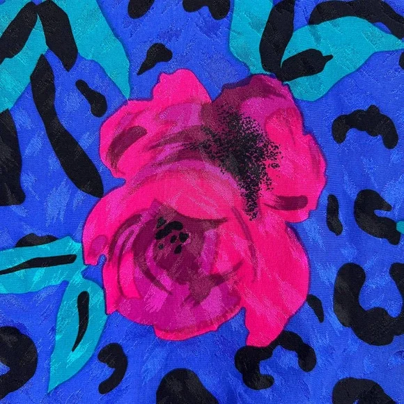 Vintage 80 A.J. Bari Blue Silk Party Dress Animal Print Floral Bow Designer Sz 6 - Picture 4 of 10